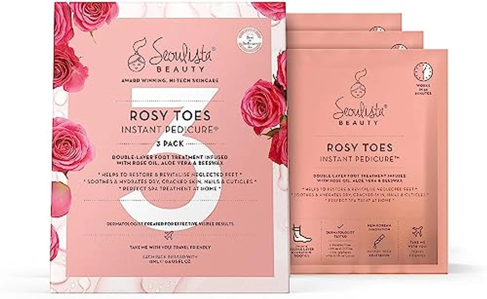 Seoulista Beauty Rosy Toes Instant Pedicure Multipack – Home Pedicure Foot Mask Treatment - Soothes and Hydrates Dry, Cracked Skin – With Rose Oil, Aloe Vera, Beeswax – Award Winning— 3-Pack