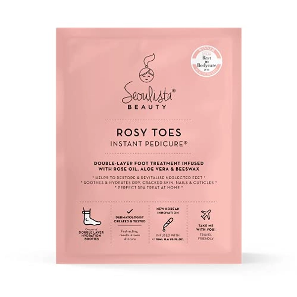 Seoulista Beauty Rosy Toes Instant Pedicure – At Home Foot Mask Treatment — Soothe and Hydrate Dry, Cracked Skin — Revitalise Neglected Feet— With Rose Oil, Aloe Vera and Beeswax — Award Winning