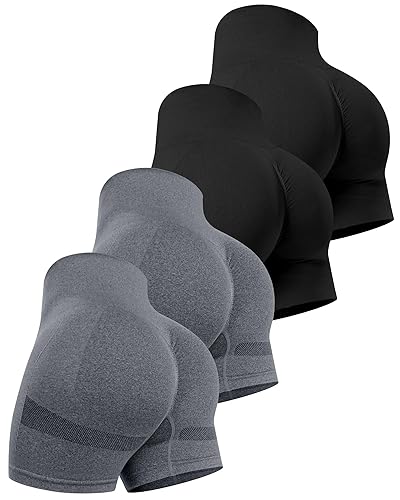 CHRLEISURE Women's 4 Packs Workout Gym Shorts, High Waisted Butt Lifting Scrunch Butt Seamless Booty Shorts - 4 Packs (Black, Black, Dark Grey, Dark Grey) - Medium