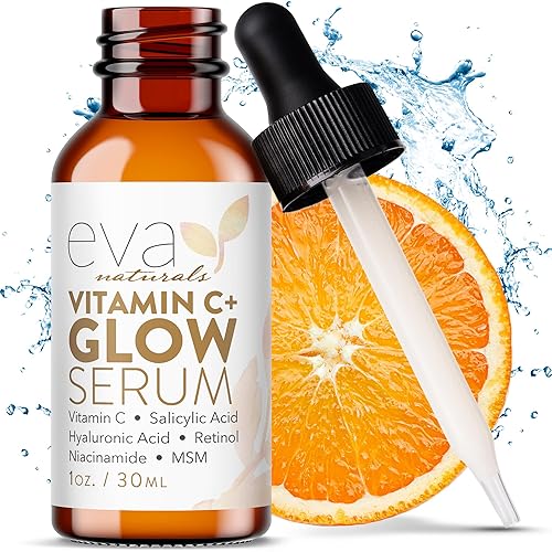 Eva Naturals Vitamin C Face Serum With Hyaluronic Acid - Anti Aging Serum - Reduce Dark Spots, Acne & Wrinkles - Retinol, Niacinamide & Salicylic Acid, Brightening Skin Serum for Glowing Skin - Regular - 1 Fl Oz (Pack of 1)