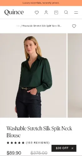 Washable Stretch Silk Split Neck Blouse (Forest Green) 