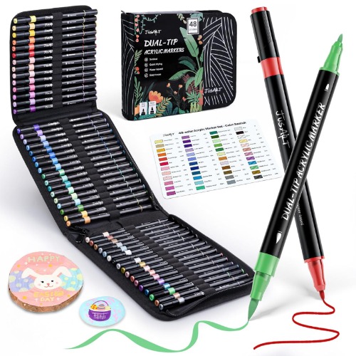 JusArt 48 Colors Acrylic Paint Markers, Dual Tip with Brush Tip and Fine Tip Paint Pens for Rock Painting, Wood, Canvas, Glass, Stone, Ceramic, DIY Crafts Professional Art Supplies with Bag