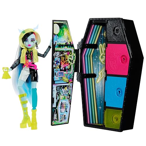 Monster High Skulltimate Secrets Neon Frights Doll & Accessories, Frankie Stein with Dress-Up Locker & 19+ Surprises - Frankie