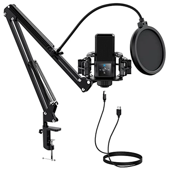 Longkeshop USB Mikrofon, 192KHZ 24Bit Microphone Set PC mit Arm & Shock Mount, Plug and Play, Noise-Canceling, Kondensatormikrofon Podcast für Gaming Studio Streaming Computer YouTube, Schwarz, PC20