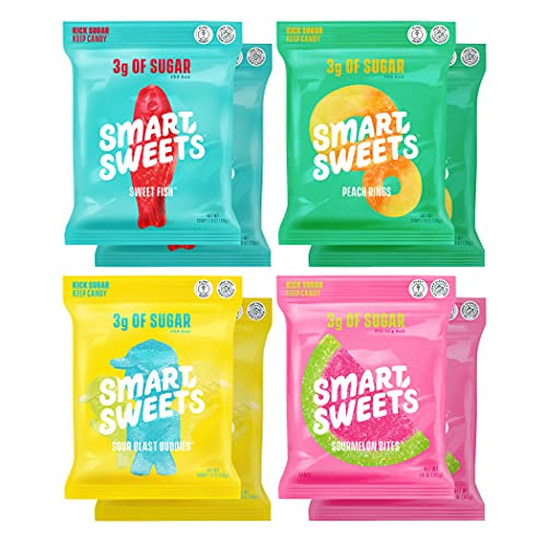 SmartSweets Variety Pack Easter Candy, 1.8oz (Pack of 8), Candy With Low Sugar & Calorie, Healthy Snacks For Kids & Adults - Sweet Fish, Sourmelon Bites, Peach Rings, Sour Blast Buddies - Core 4 Variety Pack