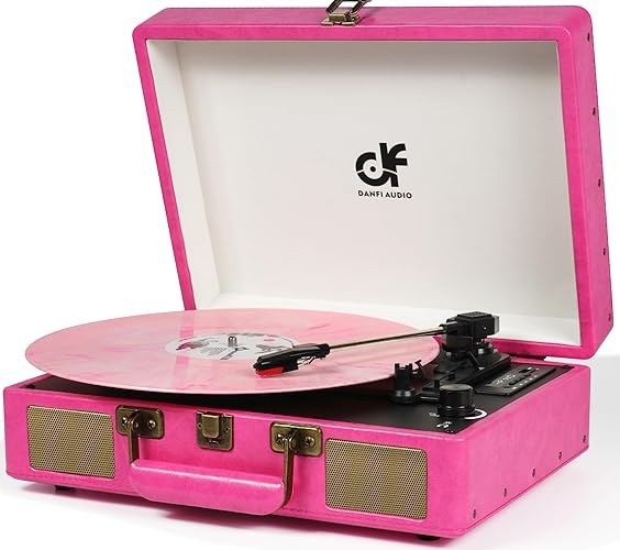 Vintage Bluetooth Suitcase Record Player with Built-in Speakers, 3 Speed Portable Turntable with USB Vinyl Audio Recorder RCA AUX-in & Headphone Jack (Pink, 2024 New Version) - Pink