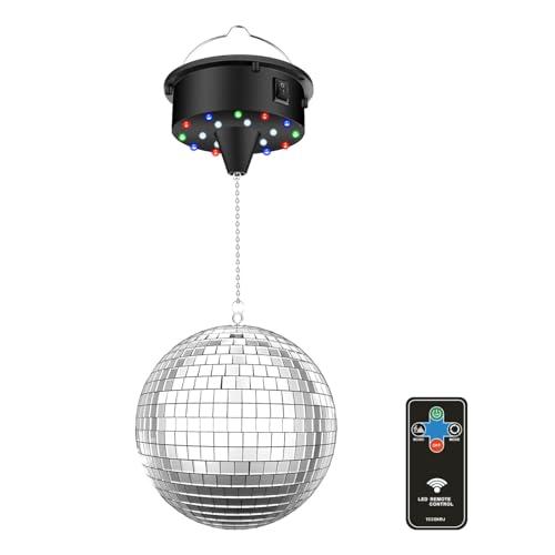 10 RPM Disco Ball with Motor and Mirror Ball — Plug/Battery Powered Disco Ball Light with 4 Color Lights,18 LED Beads and Mirror Ball, Christmas Party, Back to 70s Theme Party Supplies