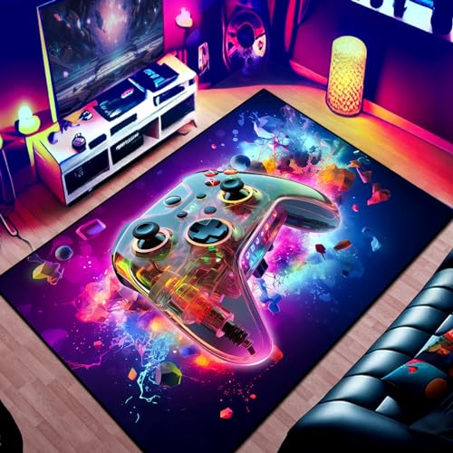 Gaming Area Rug Teen Boys Carpet, 3D Transparent Gamepad and Colorful Bomb Background Game Controller Design for Game Room, Gaming Room, Boys Girls Bedroom Playroom, Living Room (63" x 47") - 63" x 47"