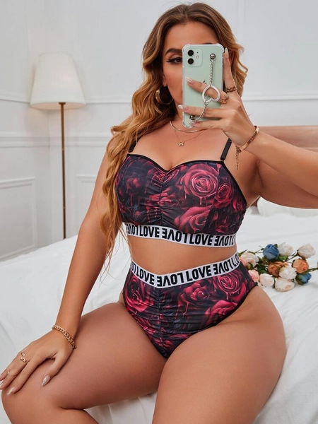 Plus Floral Print Letter Tape Lingerie Set