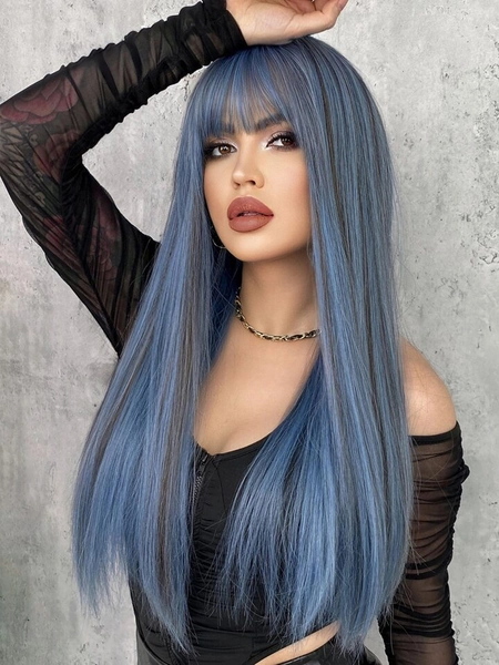 7JHH WIGS Long Straight Blue Wig With Bangs Highlight Ash Synthetic Wigs for Woman Wonder Girl Hair Daily Party Halloween Cosplay 24 Inch