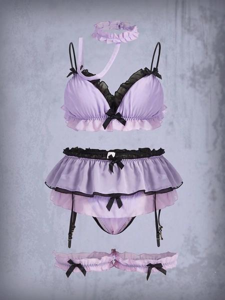 Fairycore Plus 6pack Bow Front Ruffle Trim Garter Lingerie Set