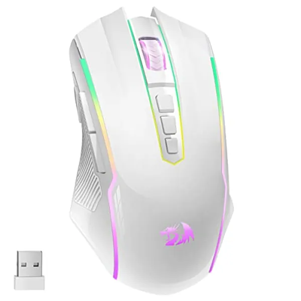 Redragon Wireless Gaming Mouse with RGB Backlit, 8000 DPI, with Fire Button, Macro Editing Programmable ,70Hrs for Windows/Mac, Rechargeable, White, M910-WS