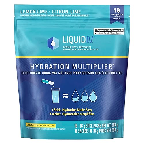 Liquid I.V. Electrolyte Drink Mix for accelerated hydration, Lemon Lime, Hydration Multiplier with Vitamins B3, B5, B6, B12 and C, 288 g, 18 on-the-go sticks - Lemon Lime
