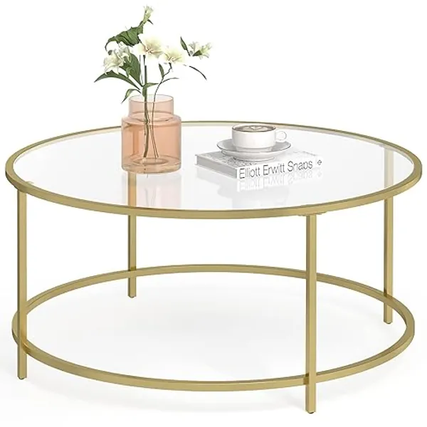 VASAGLE Round Coffee Table for Living Room, Glass Coffee Table with Metal Frame, Modern Coffee Table, Metallic Gold LGT21G