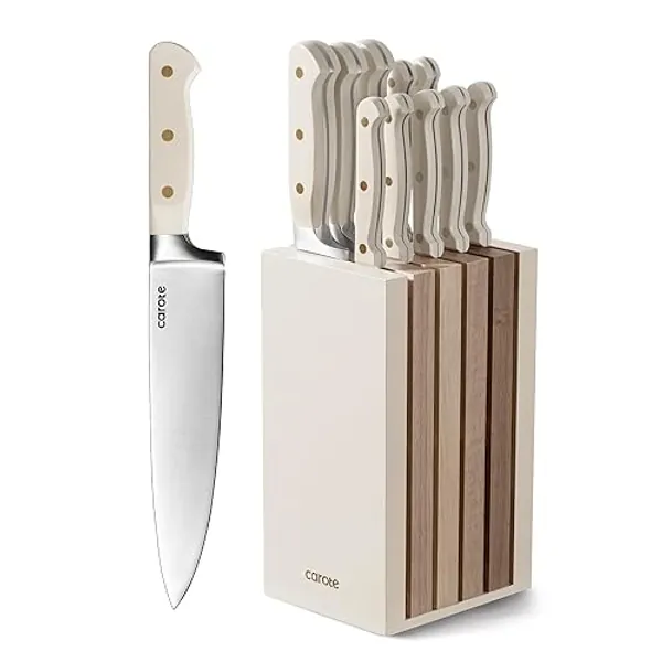CAROTE 11Pcs Knife Set with Block for Kitchen, Stainless Steel Razor-Sharp Blade, Triple Riveted Ergonomic Handle, Essential Knife Set, Beige