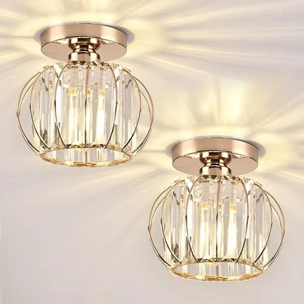 ZYDTRIP Crystals Ceiling Light Fixtures Chandelier, Small Semi Flush Mount Ceiling Light Fitting for Hallway Entrance Kitchen Bedroom Dining Rooms Living Rooms Bar (2 Pack Gold)