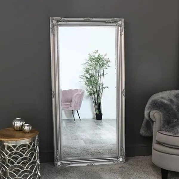 Melody Maison Large Silver Ornate Chic Mirror 158x78cm for Living Room, Bedroom, Hallway - French Antique - Wall Mountable, Leaning Mirror