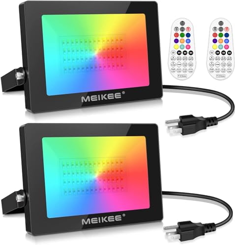 MEIKEE RGB LED Flood Lights 1000W Equivalent, 2 Pack 100W Outdoor Indoor Color Changing Floodlight with Remote Control, IP66 Waterproof Dimmable Wall Washer Light for Party Stage Garden Landscape - 100.0 Watts