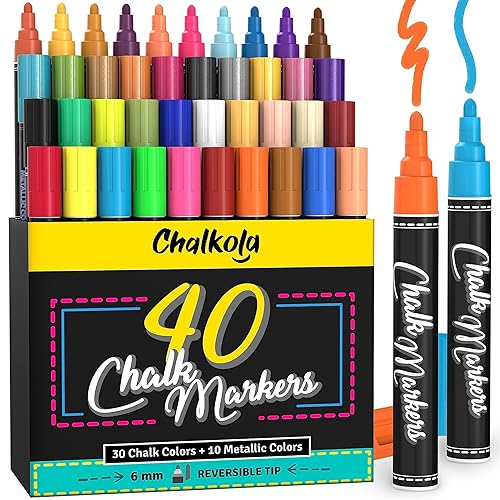 Chalkola Chalk Markers - Pack of 40 (Neon, Classic & Metallic) Chalk Pens - For Chalkboard, Blackboard, Window, Labels, Bistro, Glass - Wet Wipe Erasable - 6mm Reversible Tip - Bold Tip - 6mm