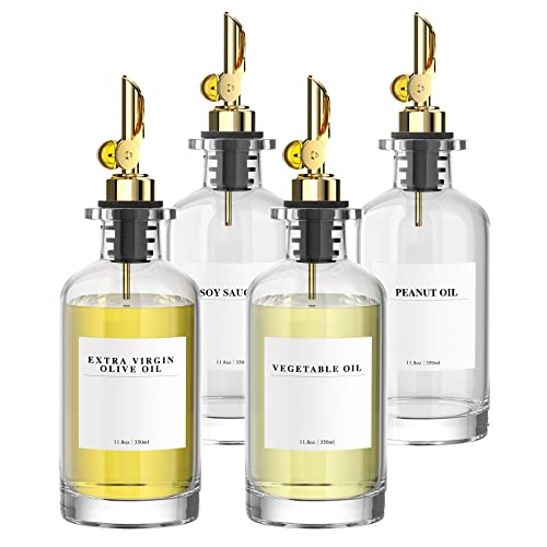 Olive Oil Dispensers Bottle for Kitchen, Coffee Syrup Dispenser, Glass Oil Bottle, Oil and Vinegar Dispenser Set with Weighted Pourer and 40 Labels, Gold 350 ml, Set of 4 - Set of 4