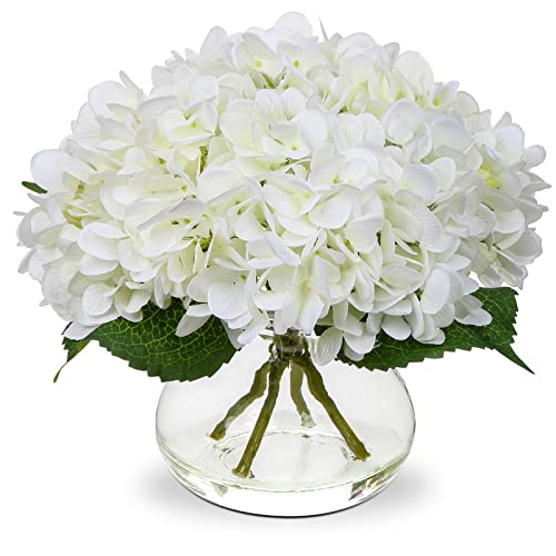 Hollyone Hydrangea Artificial Flowers with Vase White Silk Fake Flowers Arrangements in Glass Vase with Faux Water for Home Bathroom Office Table Centerpiece Shelf Decorations - Hydrangea, White - Glass Vase