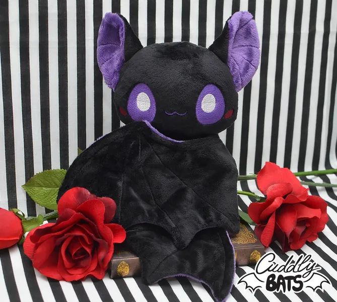 PRE-ORDER Cute black bat plushie with purple wings - Stuffed Animal, Plush toy bats, night creature, Flying fox big eyes, Halloween, Nu goth