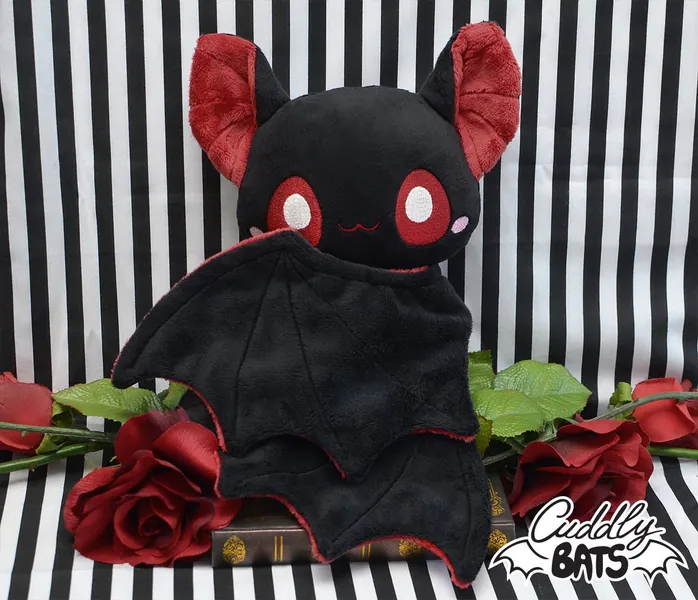 PRE-ORDER Cute black bat plushie with big red wings - Stuffed Animal, plush toy bats, night creature, Flying fox, Halloween decor, Nu goth