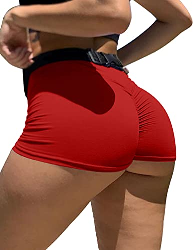 Mizoci Women's Sexy Gym Biker Booty Shorts High Waisted Ruched Workout Shorts - Medium - Red
