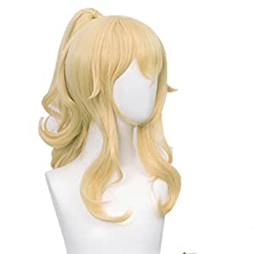 SL Wavy Blonde Ponytail Wig for Jean Cosplay Game Princess Golden Anime Hair Wigs with Pigtails Bangs + Cap