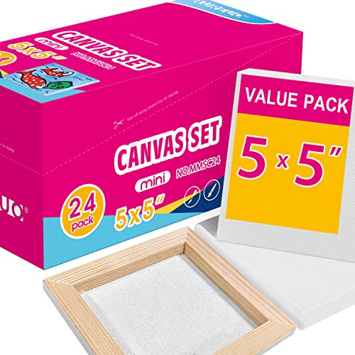 AUREUO Mini Stretched Canvas - 5x5 Inch/24 Pack - 2/5 Inch Profile Small Square Canvas - Gift Set Bulk Pack Canvases for Acrylic Painting & Craft - 5"x5"