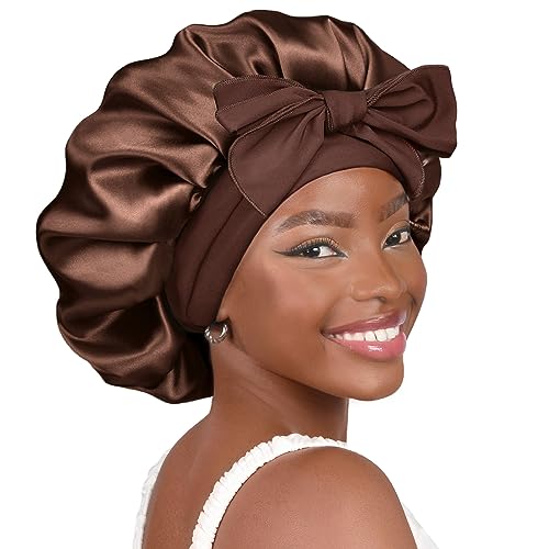 YANIBEST Satin Bonnet Silk Bonnet for Sleeping Double Layer Satin Lined Black Hair Bonnet with Tie Band Bonnets for Women Natural Curly Hair - Large - Brown