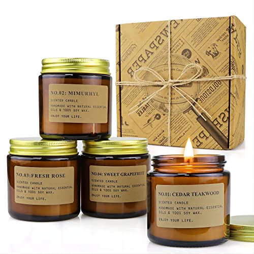 YFYTRE 4 Pack Scented Candle Set Soy Wax, Aromatherapy Candles for Home Decoration, Jar Candles Gift for Women with Amber Glass Jars and Kraft Wrapping - 4 Pack