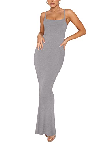 REORIA Women's Sexy Lounge Slip Long Dress Elegant Sleeveless Backless Ribbed Bodycon Maxi Dresses - X-Small - Light Grey