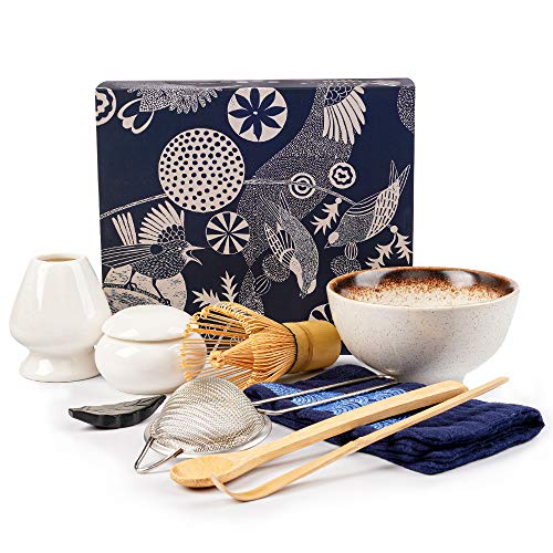 Bamboo Matcha Tea Whisk Set (Chasen) Matcha Bowl (Chawan) Bamboo Scoop (Chashaku) Ceramic Whisk Holder Handmade Matcha Ceremony Starter Kit For Traditional Japanese Tea Ceremony (7 Pcs). - White - 9 Piece Set