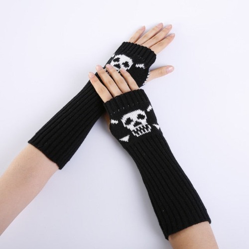 Black Skull Knitted Arm Warmers - black / One Size