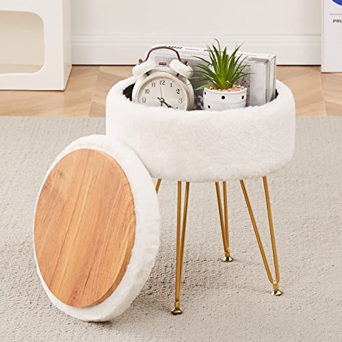 Cplxroc Footrest Footstools Round Faux Fur Ottoman with Storage Space Soft Vanity Chair Seat Coffee Table Ottoman Small Side Table Metal Legs with Adjustable Footings (Cream) - White