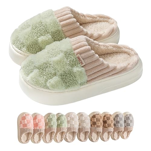 ASNAT Kawaii Checkered Slippers Unisex Cute Fluffy Home Slippers Fuzzy Slippers - 8.5-9 Women/7-8 Men - Green