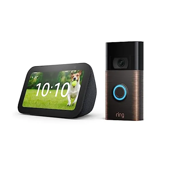 Ring Video Doorbell – 1080p HD video, improved motion detection bundle with Amazon Echo Show 5 (3rd Gen, 2023 release) | Smart display with 2x the bass and clearer sound