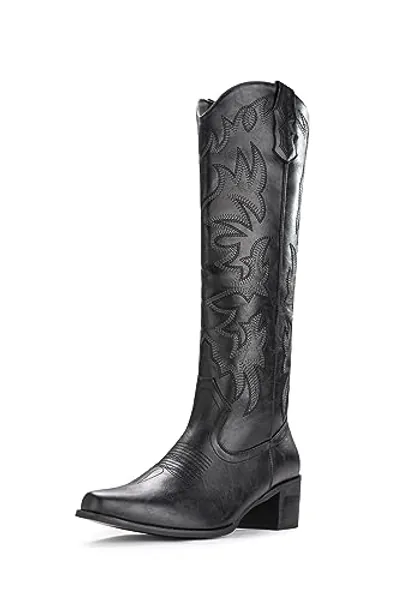 IUV Cowboy Boots For Women Knee High Boots Pointy Toe Women's Western Boots Side Zipper Chunky Heel Cowgirl Boots