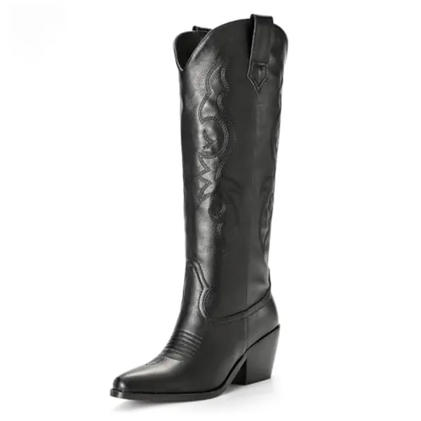 Platikly White Cowboy Boots for Women - Wide Calf Rhinestone Cowgirl Boots, Women Knee High Western Boots, Glitter Sparkly Ladies Tall Boots with Classic Embroidery and Side Zipper, Retro Classic Country Boots Pull On for Ladies