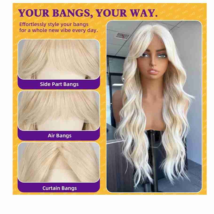 KOME Blonde Wellen Synthetic Lace Front Perücke mit Pony für Damen 28 Zoll | klebefreie perücke，T-Part Lace Perücke, klebefrei, hitzebeständig, Curtain Bangs, weich, für Anfänger, aufsetzen & los