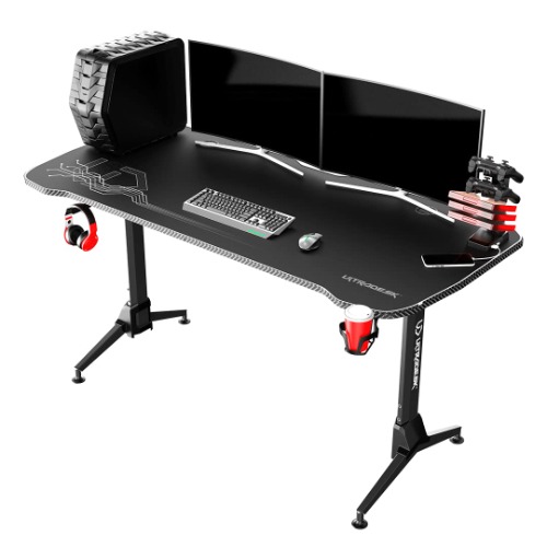 ULTRADESK Grand | Gamingbureau Met Enorme Werkruimte, XXL-Pad, Net Voor Kabelbeheer | Bekerhouder, Gamingrek Met 4 USB-Poorten, Hoogteverstelling Op 3 Niveaus | Stalen Frame, Witte Pad, 160x75 cm
