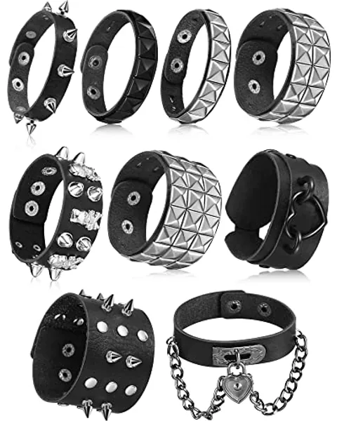 Hicarer 9 Pieces Spiked Studded Bracelet Black Leather Rivet Punk Bracelet Cuff Wrap Bangle Snap Button Metal Wristband for Men Women