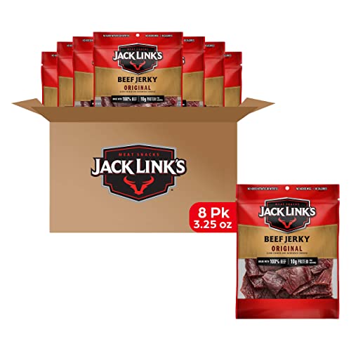 Jack Link's Beef Jerky, Original - Flavorful Meat Snack for Break Rooms, 10g Protein and 80 Calories, Made with 100% Beef - No Added MSG** or Nitrates/Nitrites, 3.25 oz (Pack of 8) - Original - 3.25 Ounce (Pack of 8)