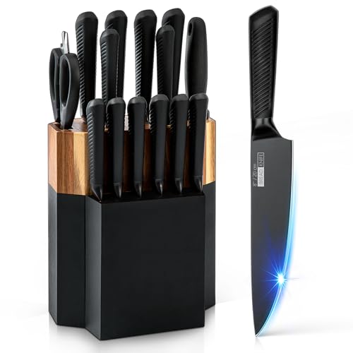 CFORM Knife Set, 15-Piece Professional Kitchen Knives Sets with Wooden Block, German High Carbon Stainless Steel Knife Block Set with Steak Knives, Black - 15 Pieces - Black