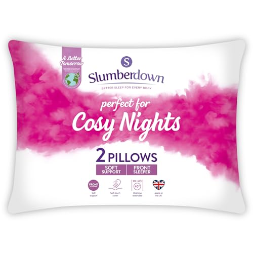 Slumberdown Cosy Nights Pillows 2 Pack - Soft Support Front Sleeper Pillows for Neck Pain Relief - Comfortable, Hypoallergenic, UK Standard Size (48cm x 74cm) - Soft Support - 2-Pack