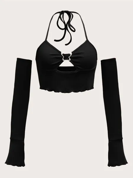 SHEIN ICON Cut Out Buckled Detail Lettuce Trim Halter Top With Arm Sleeves