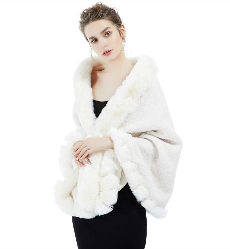 Faux Fur Shawl Wrap Bridal Cape Bridesmaids Stole Lambs Wool Shrug Winter Wedding with Fur Trim - Lambswool Ivory