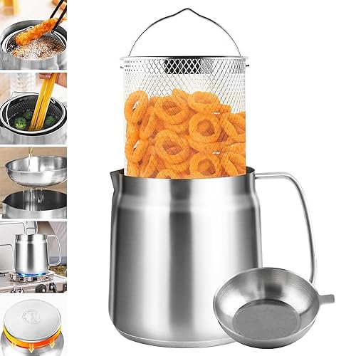 Bakpoco 2L Stainless Steel Oil Filter Pot, Bacon Grease Container with Strainer & Deep Fryer Basket, Kitchen Cooking Oil Lard Fat Saver, Pasta Vegetable Pot for One, Triply-Base Suits All Stoves - 2L wtih Frying Basket - Tri-Ply Capsule Bottom - Metallic Silver