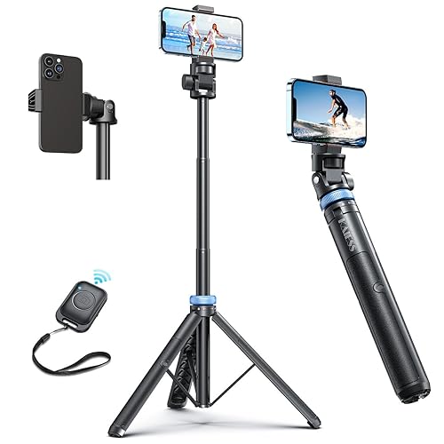 Kaiess 62" Tripod for iPhone, Selfie Stick Tripod & Phone Tripod Stand with Remote, Cell Phone Tripod for iPhone, Extendable Travel Tripod Compatible with iPhone 15/14/13 Pro Max/Android - Black